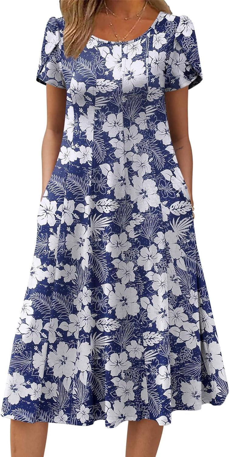 ZEAGOO Womens Casual Dresses for Summer Short Sleeve Flare Midi Dress Loose Flowy Beach Sundress