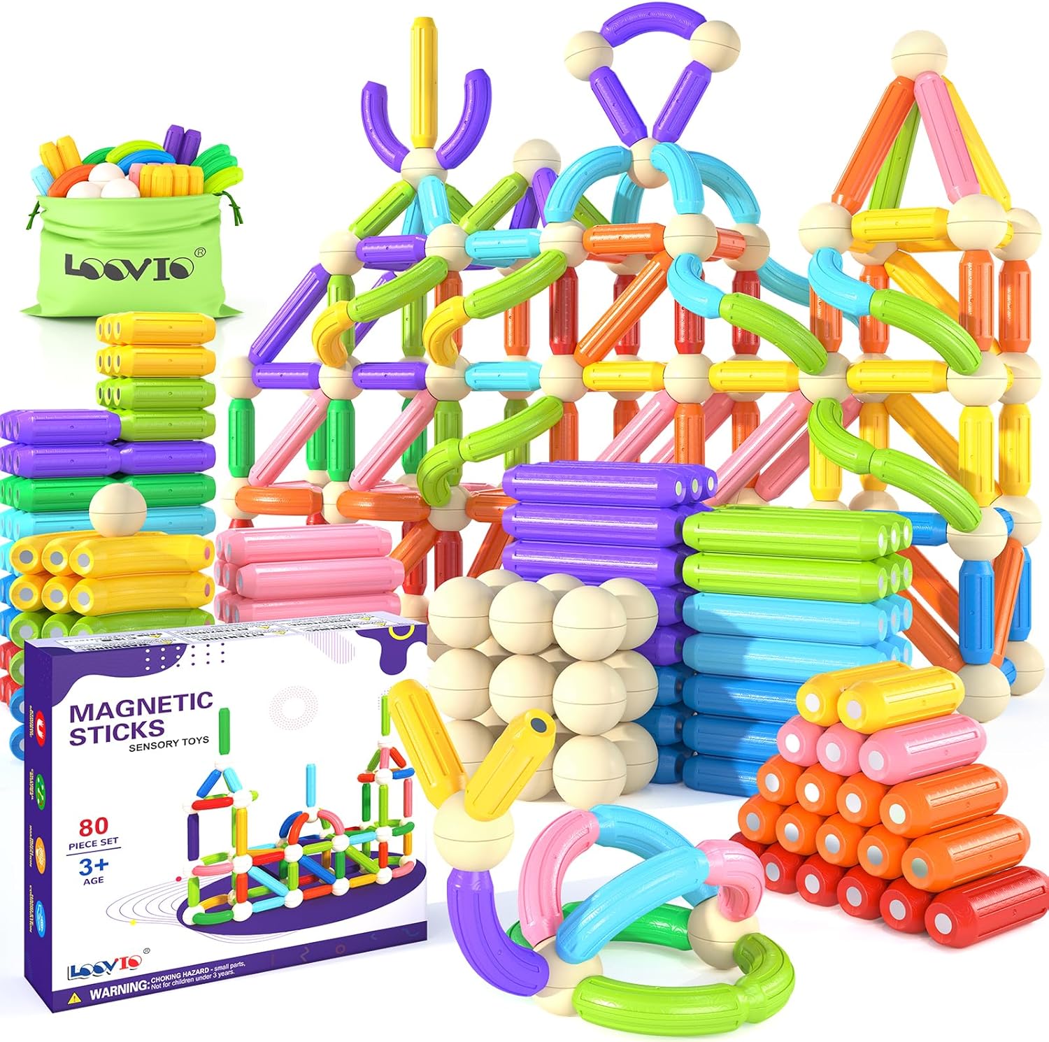 Loovio Magnet Toys for 3 Year Old Boys &amp; Girls,80pcs Montessori Toys for Toddlers Kids, Magnetic Blocks Building Ideal Toys Gift- Starter Set (80pcs Building Blocks)