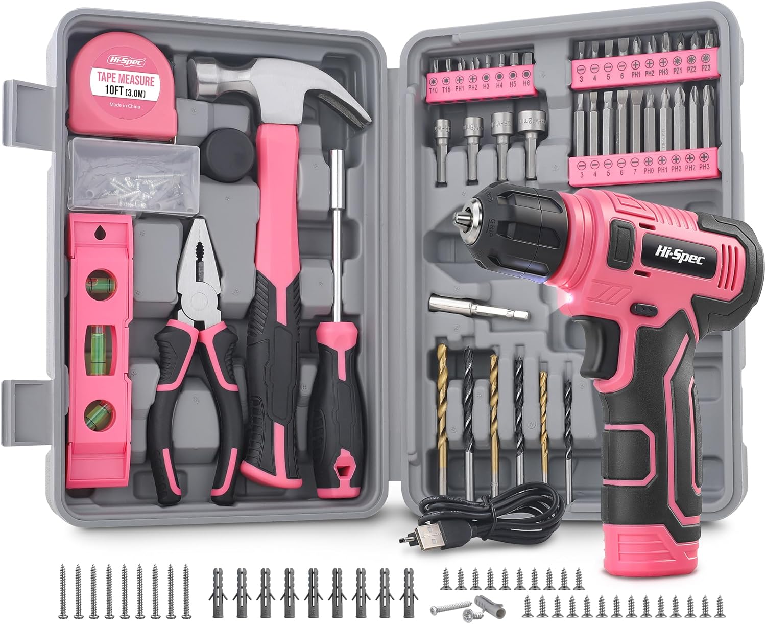 Hi-Spec 8V Cordless Drill Set &amp; Tool Kit for Women \u2013 Ladies Complete Rechargeable Electric Power Drill Driver with Starter Tools, Compact Hand Toolbox, Pink, Ideal for Home Projects