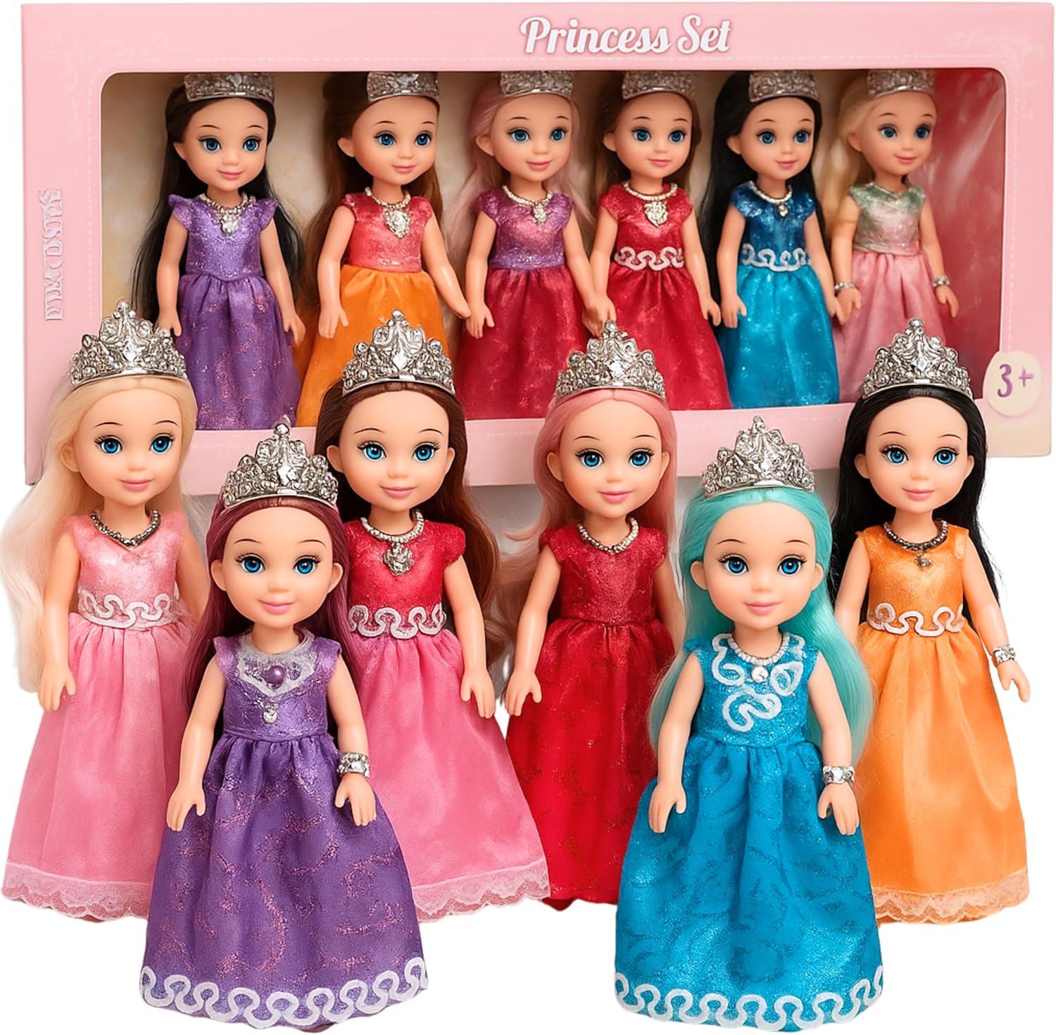 TOMLEON Princess Dolls Playset \u2013 6 Mini Princess Dolls with Colorful Gowns, Crowns &amp; Jewelry \u2013 Fantasy Role Play Set for Kids with Elegant Dresses, Accessories &amp; Royal-Themed Box \u2
