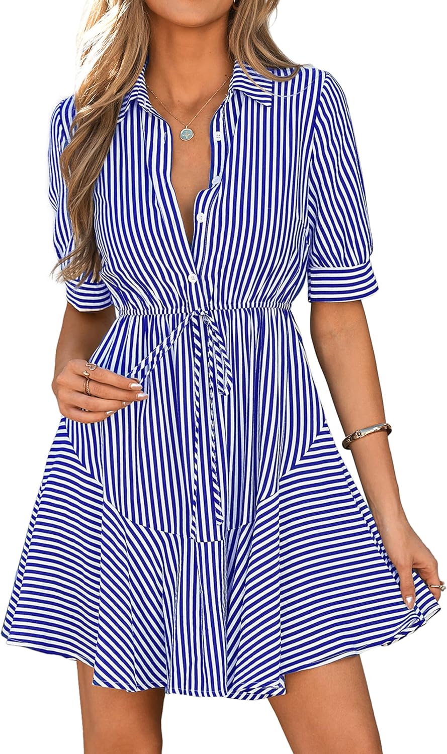 MASCOMODA Womens Puff Short Sleeve Striped Mini Summer Dress Spring Casual V Neck Button Down A Line Short Work Shirt Dresses