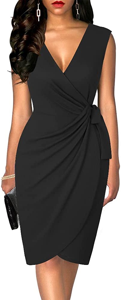 Womens Sleeveless Deep V Neck Sheath Knee Length Cocktail Party Work Faux Wrap Formal Dress