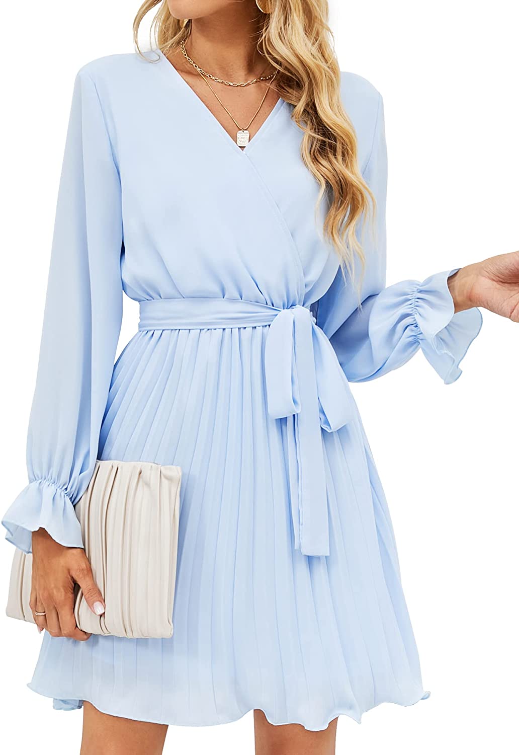 Womens Wrap V Neck Dresses for Wedding Guest Casual Pleated Long Sleeve Mini Dress