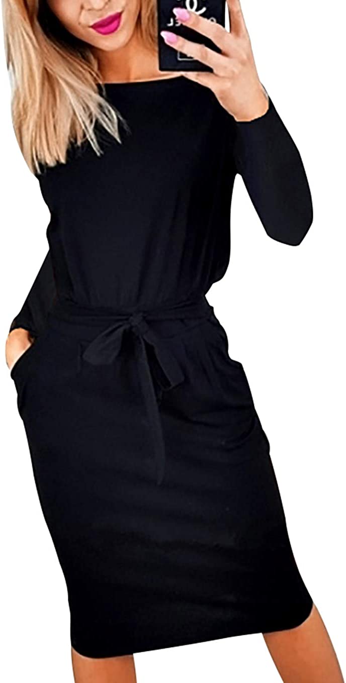 Women's Casual Long Sleeve Party Bodycon Sheath Belted Dress with Pockets