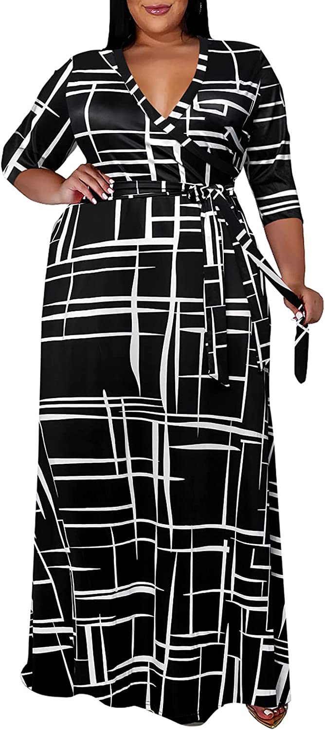 Plus Size Dresses for Women Floral Maxi Dress Flowy 3/4 Sleeve with Belt