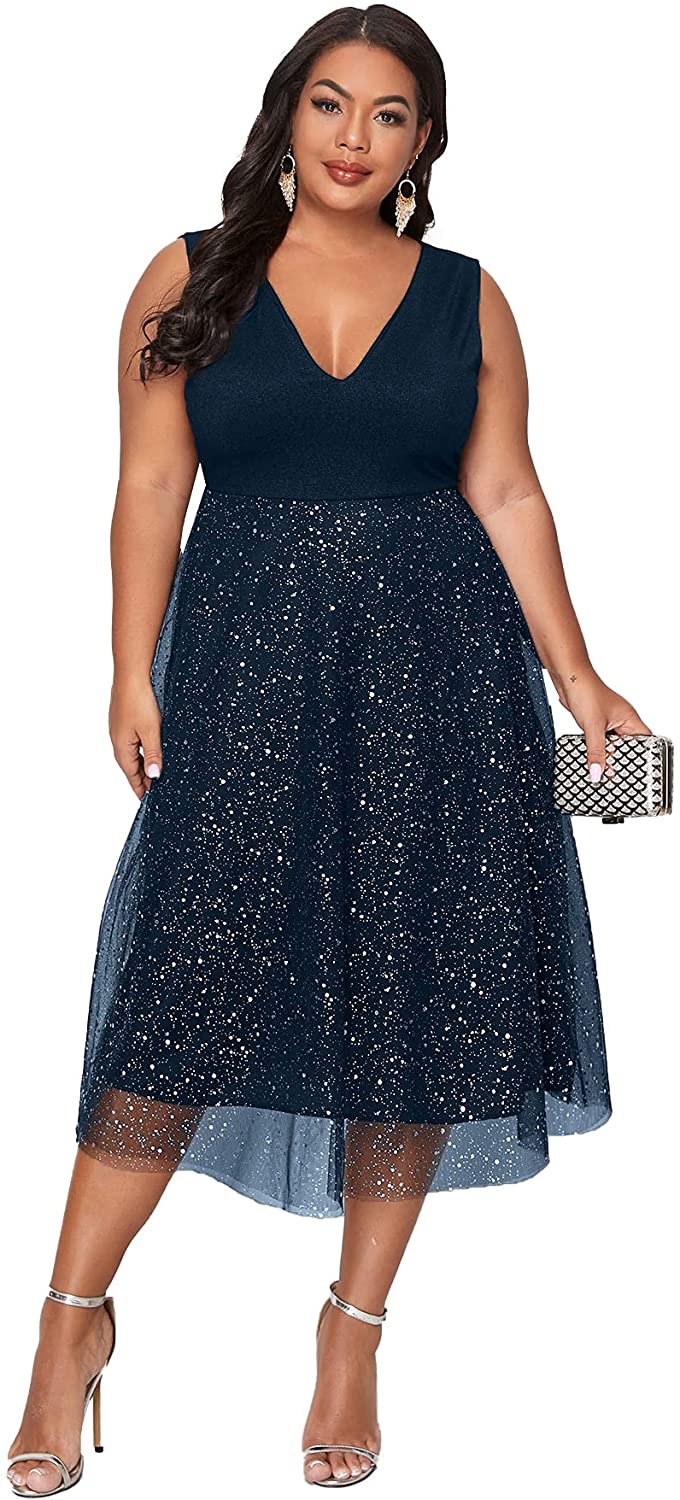 Women's Plus Size V Neck Sleeveless Contrast Mesh Evening Midi Dress