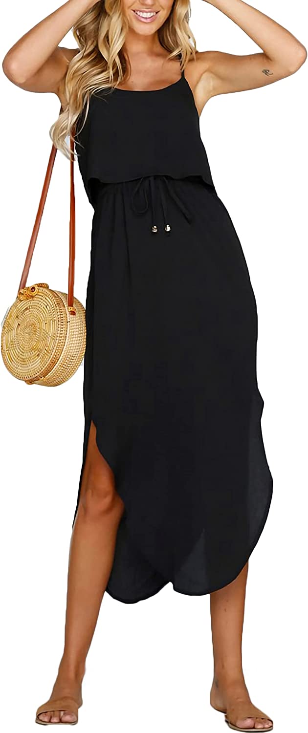 Women's Adjustable Strappy Split Summer Beach Casual Midi Dress