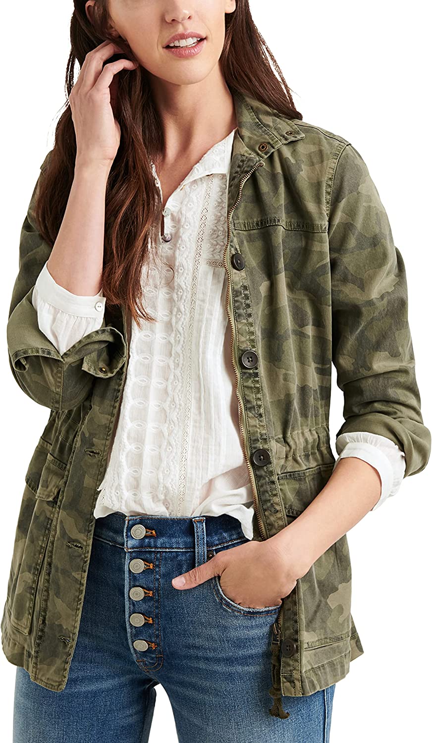Lucky Brand Women's Long Sleeve Button Up Camo Printed Utility Jacket
