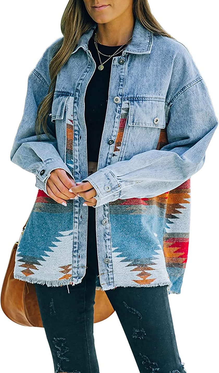 Happlan Aztec Denim Jacket For Women Lapel Button Down Print Shirt Coat Shacket