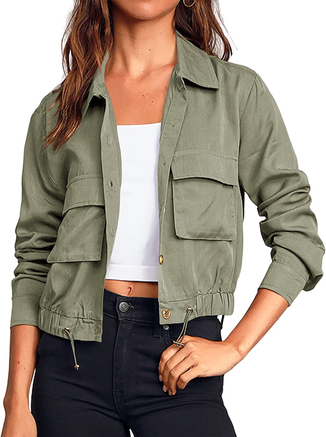 Onedreamer Women's Military Safari Cropped Jackets Button Down Lightweight Oversized Utility Anorak Coat with Pockets