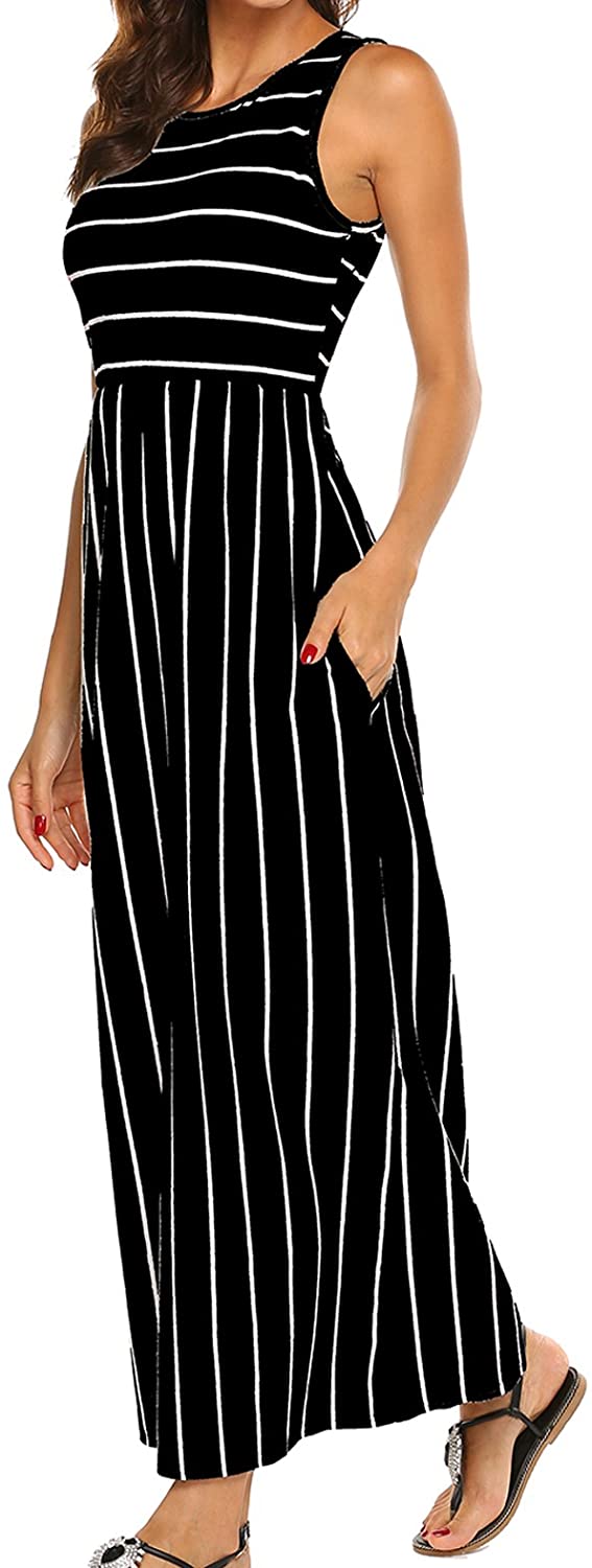 Women's Summer Sleeveless Striped Flowy Casual Long Maxi Dress with Pockets