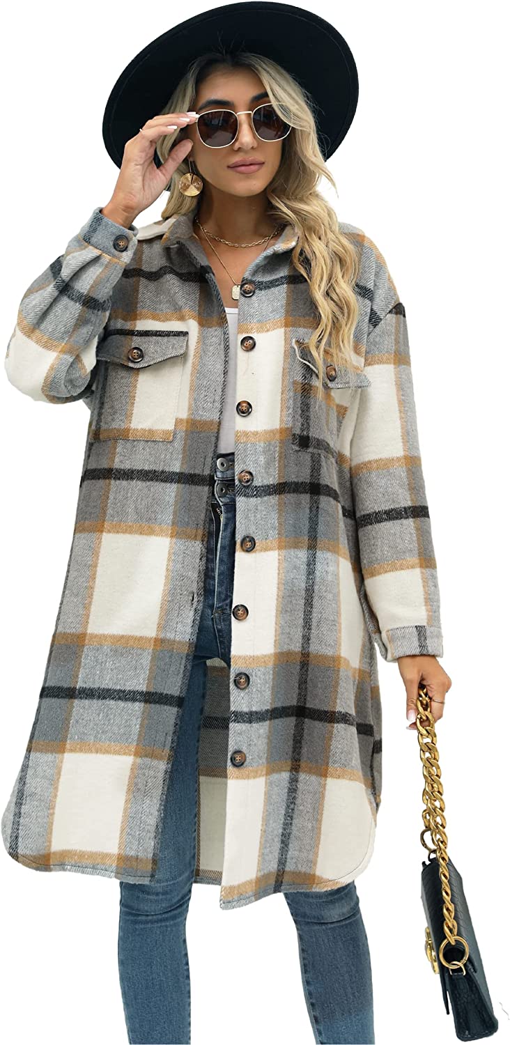 PUWEI Women's Long Flannel Plaid Jacket Shacket Cozy Lapel Button Down Shirt Jacket Fuzzy Trench Coat
