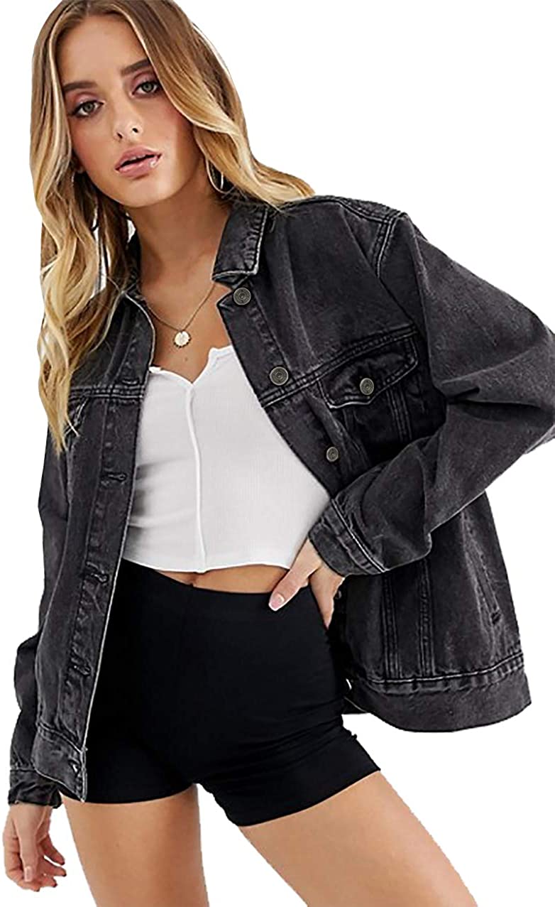 Tsher Women's Oversize Vintage Washed Denim Jacket Long Sleeve Classic Loose Jean Trucker Jacket D003