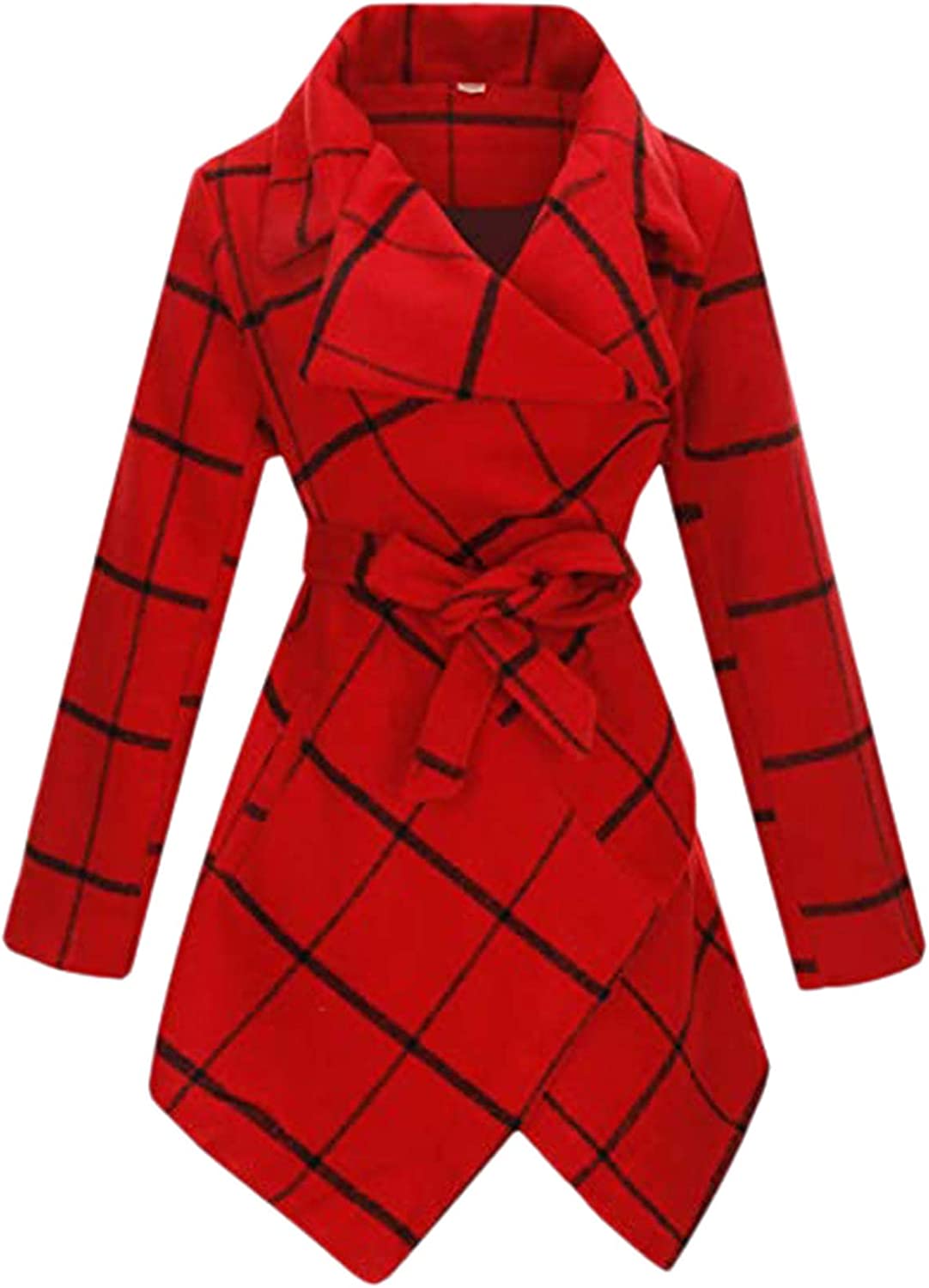 QZUnique Trench Coat Women Turn Down Collar Wrap Coat Wool Blend Grid Belted Outwear Asymmetric Hem Winter Pea Coats