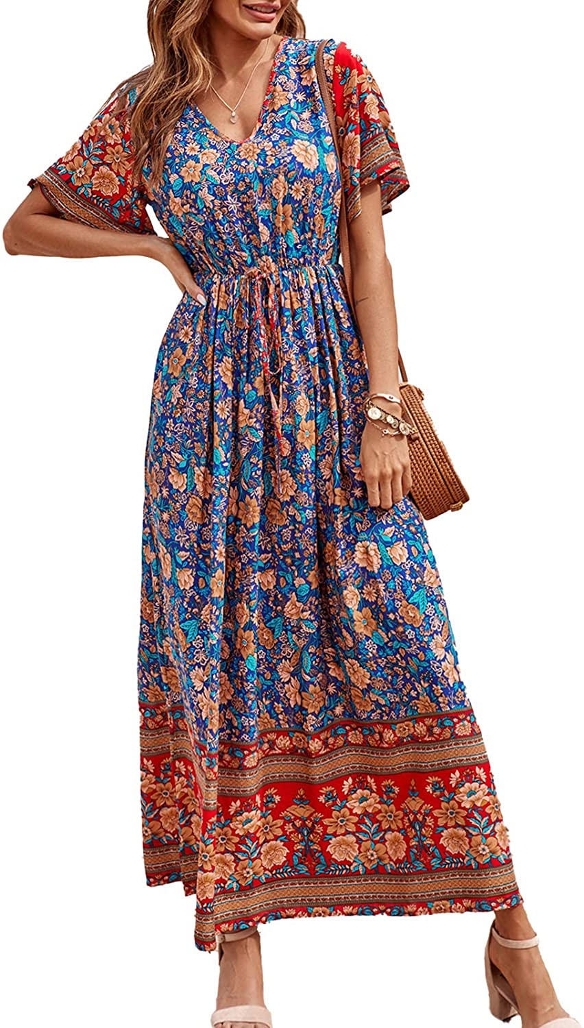 Women's Casual Floral Print V Neck Short Sleeve Summer Boho Beach Dress High Waist Long Maxi Dresses