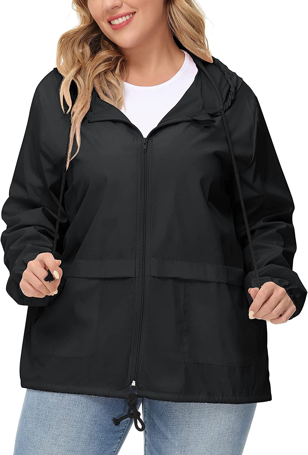 Avoogue Plus Size Raincoat Women Waterproof Rain Jacket Packable Outdoor Hooded Windbreaker