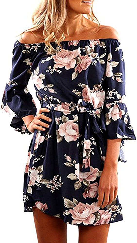 Women Off Shoulder Ruffles Floral Tunic Casual Party Shift Short Dress