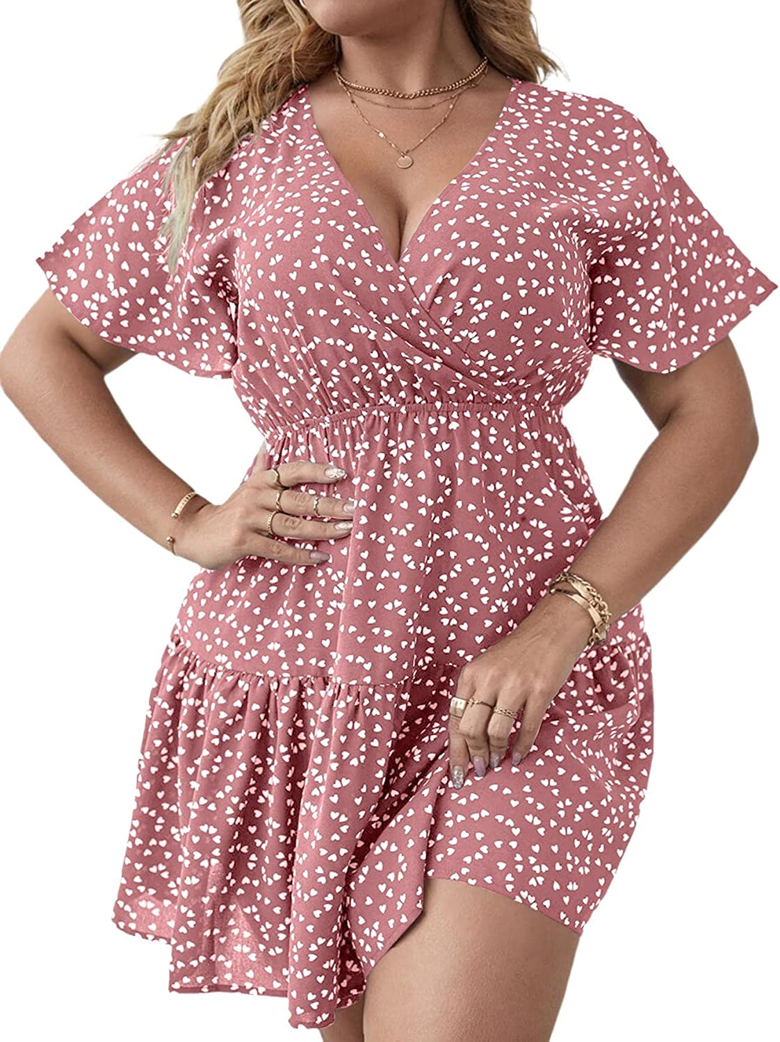 Women's Plus Size Wrap V Neck Short Sleeve Ruffle Hem A Line Short Dress