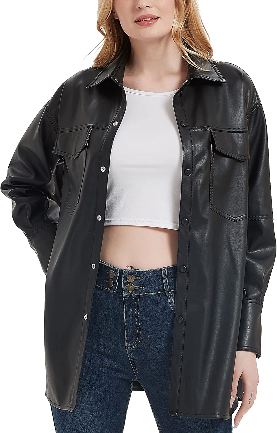Women Faux Leather Shacket Jacket Blouses 2022 Spring and Fall Fashion, RISISSIDA Button Down Shirts with Breast Pockets