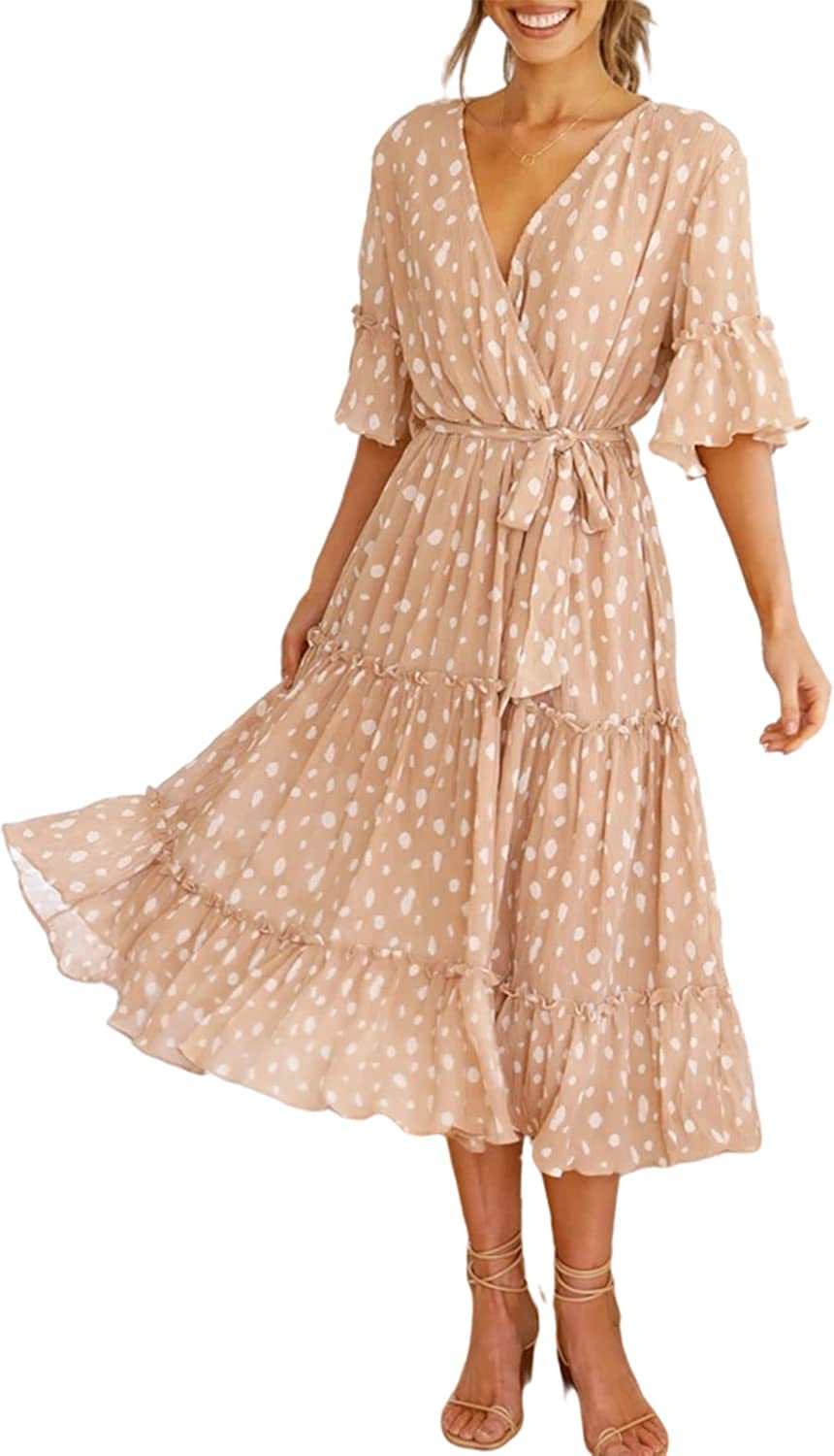 Women's Boho V Neck Floral Chiffon Dress Backless Beach Split Maxi Dress with Belt