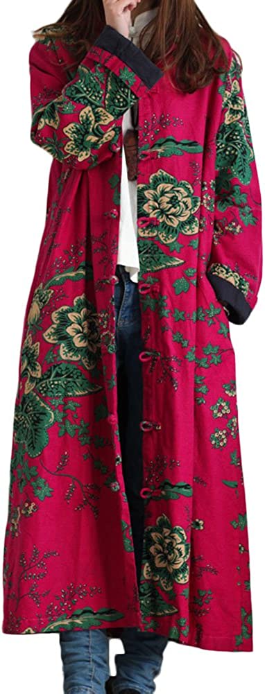 LZJN Women's Cotton Linen Trench Coat Floral Print Long Jacket with Pockets