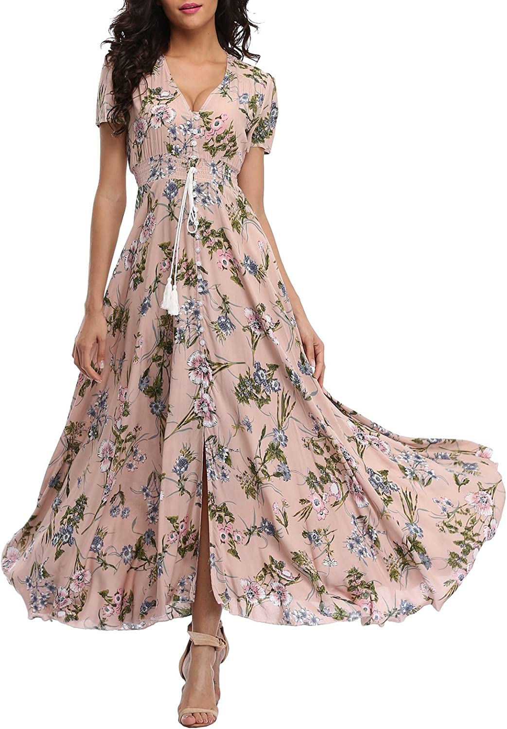 Women's Floral Print Maxi Dresses Boho Button Up Split Beach Party Dress