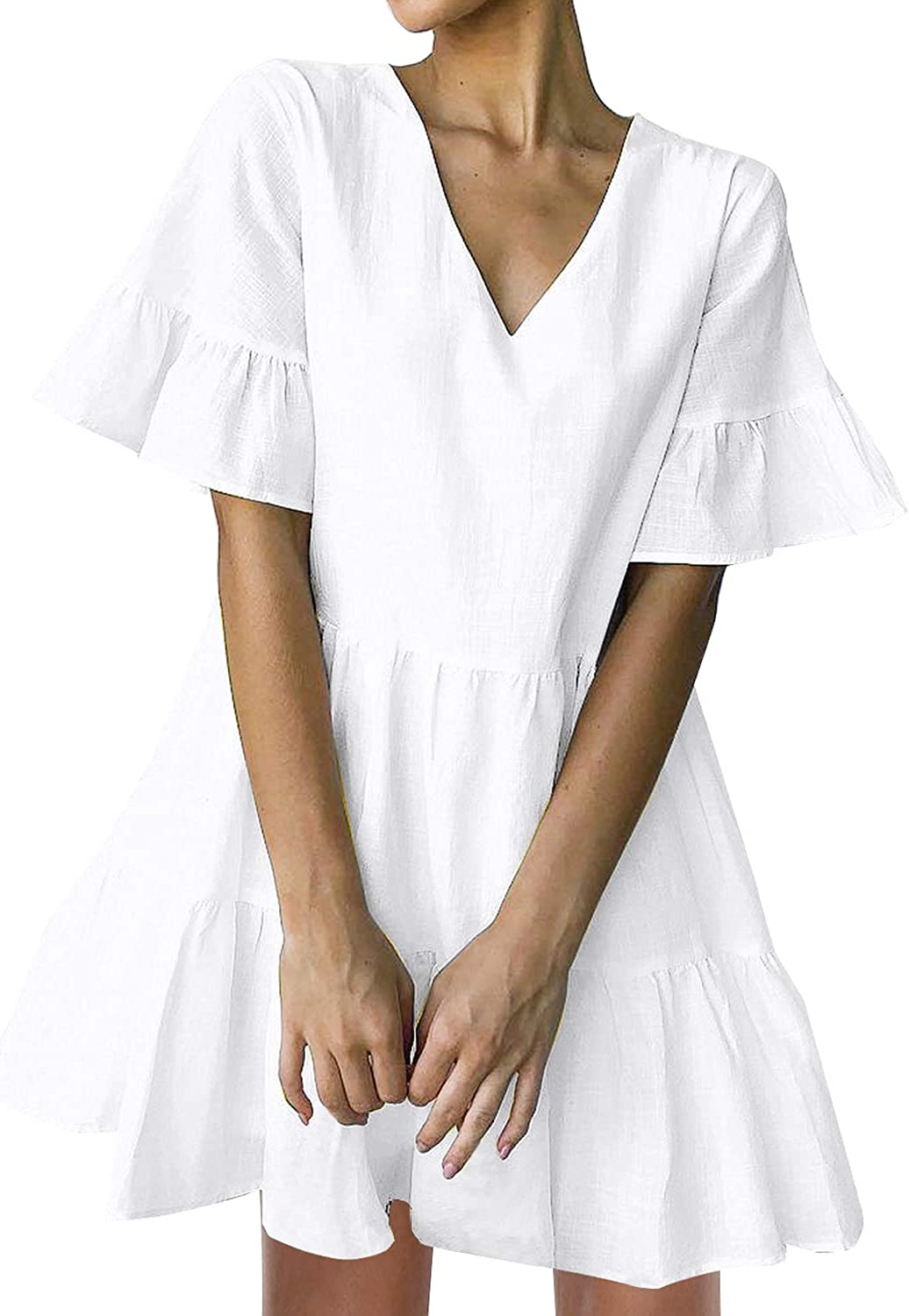Cute Shift Tunic Dress Ruffle Swing Babydoll Juniors Mini Ruffle Dress with Pockets