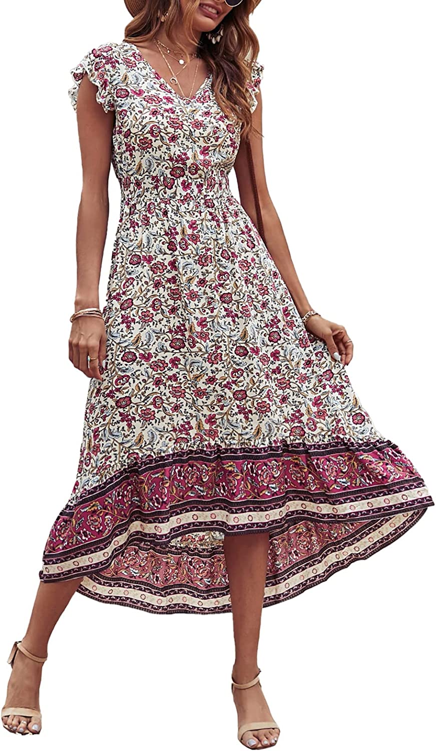 Women's Summer Maxi Dress Casual Floral V Neck Cap Sleeves Boho High Low Flowy Midi Long Sun Dresses