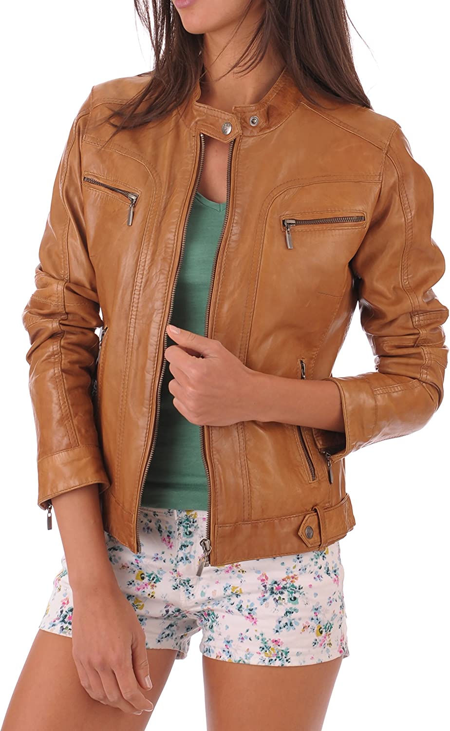 Leather Farm Women's Lambskin Leather Bomber Biker Jacket