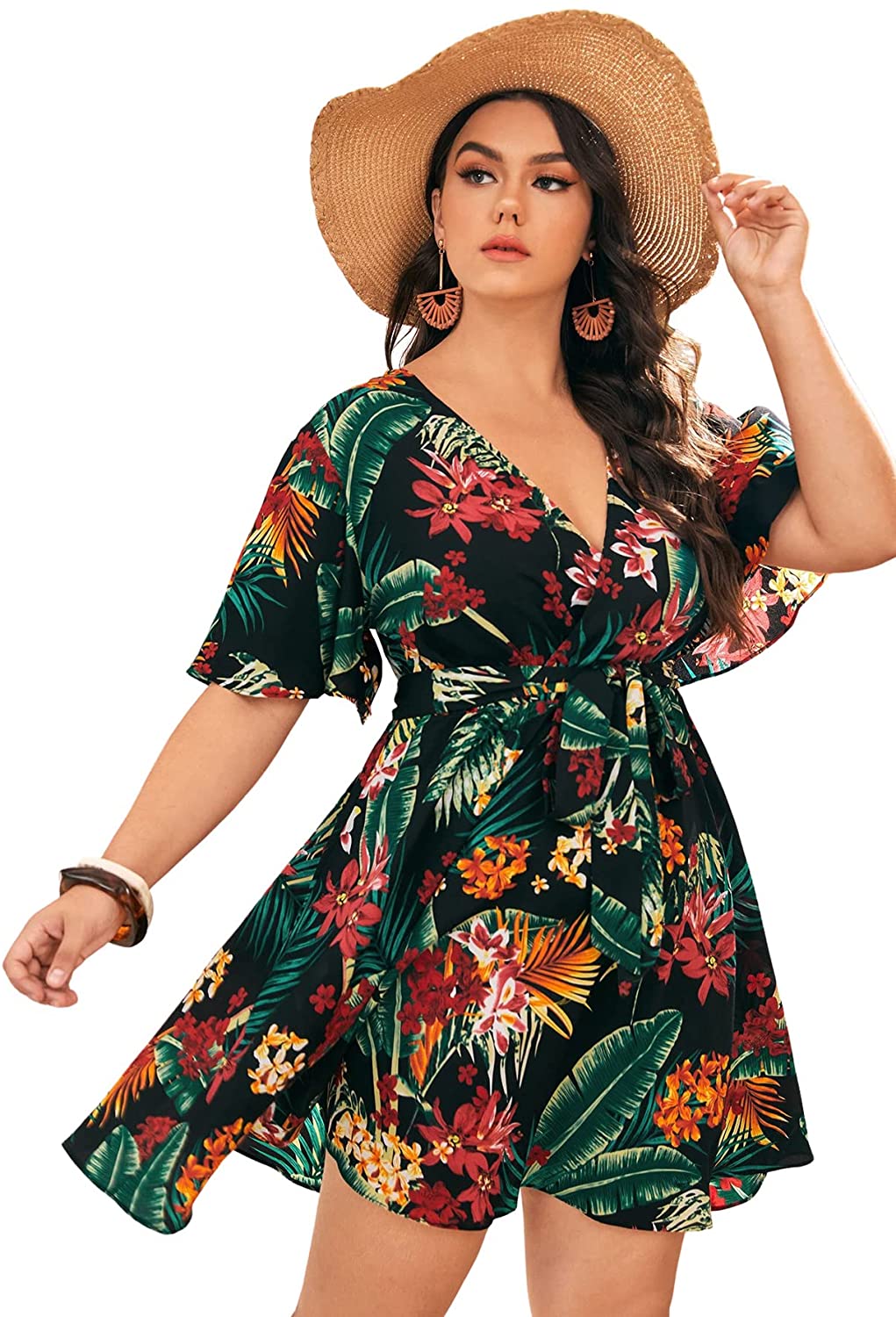Women's Plus Size Tropical Print V Neck Short Sleeve Belted Short Dress