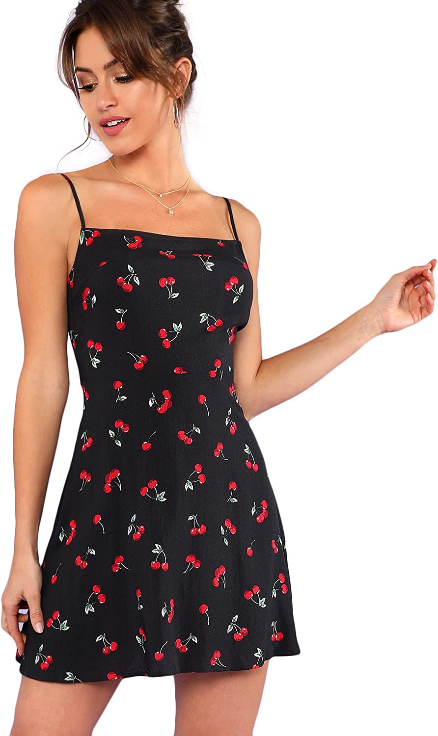 Women's Summer Floral Cherry Print A Line Short Cami Dress