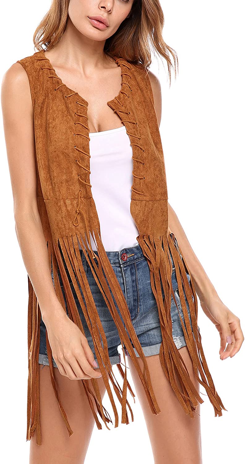 Hotouch Women Fringe Vest Faux Suede Tassels 70s Hippie Clothes Open-Front Sleeveless Vest Cardigan Female