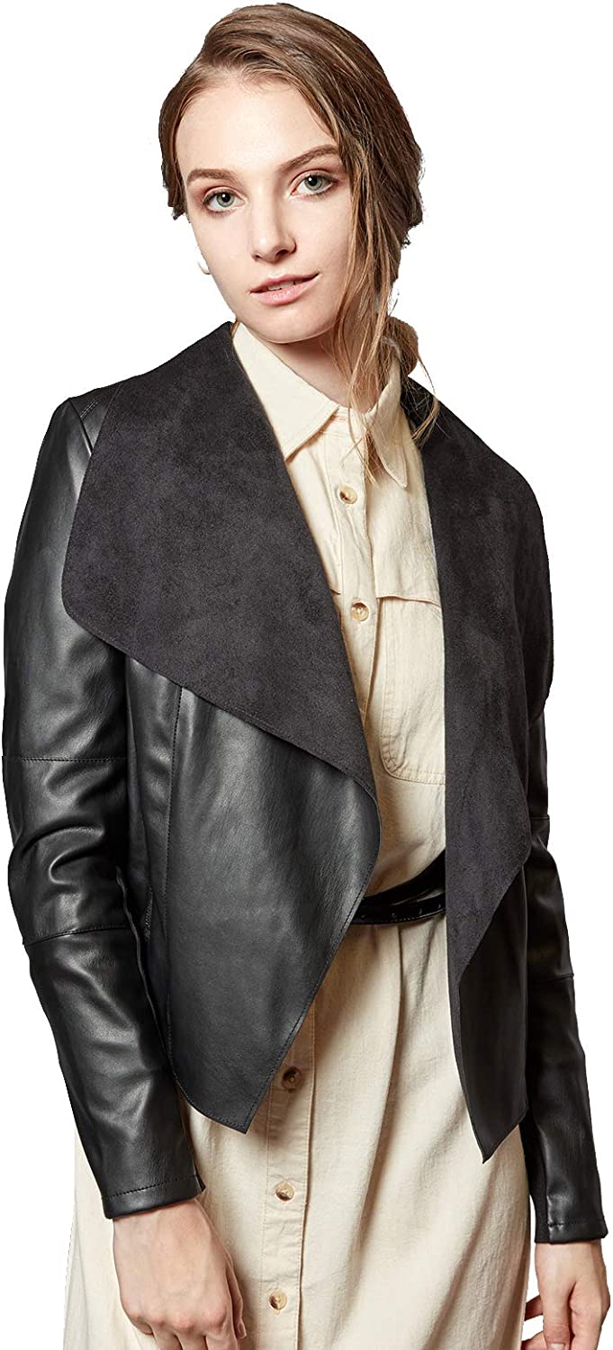 Escalier Women's Faux Leather Jackets Slim Open Front Lapel Blazer Jackets