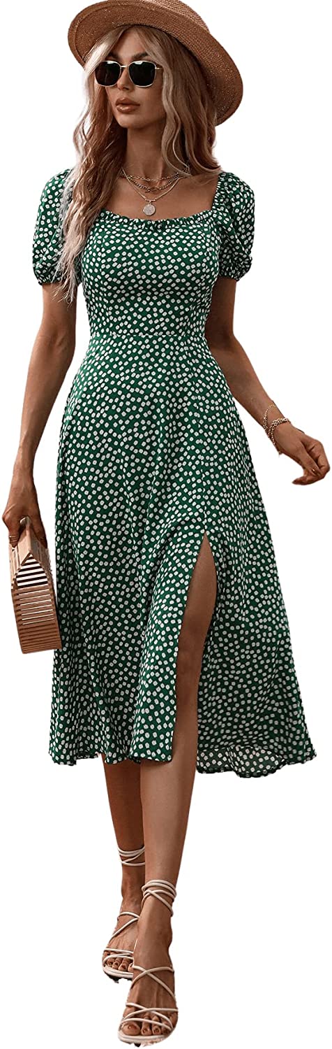 Women's Boho Short Puff Sleeve Floral Dress Slit A Line Flare Midi Dresses