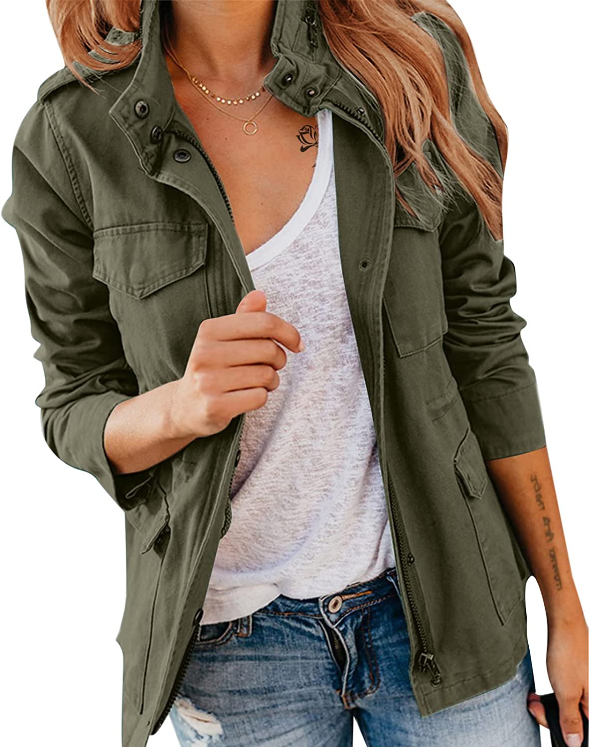 Womens Military Jacket Zip Up Snap Buttons Lightweight Utility Anorak Field Safari Coat Outwear