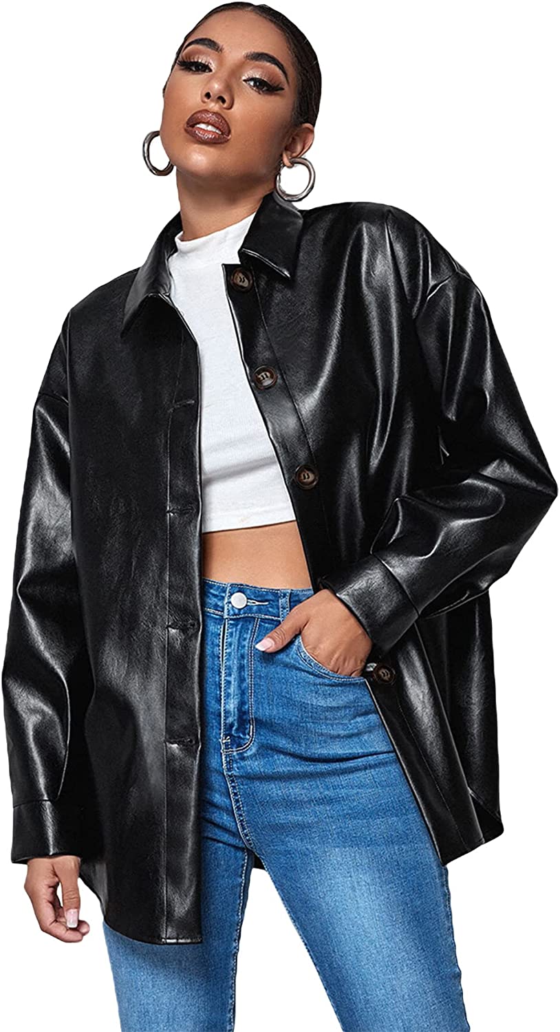 MakeMeChic Women's Faux Leather Jacket Button Front Motorcycle Coat Outerwear