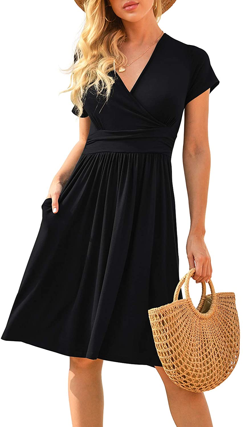 Women's Summer Casual Short Sleeve V-Neck Short Party Dress with Pockets