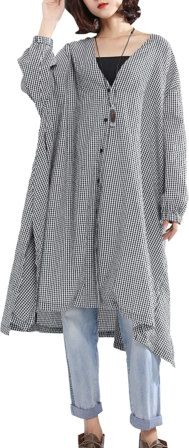 ellazhu Women Long Sleeve V-Neck Button Down Plus Size Plaid Jacket Shirt Outwear House Coat Duster GA1505