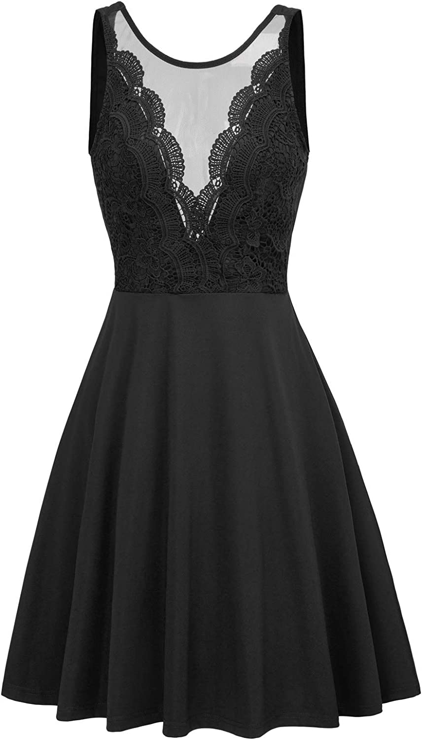 Women Sleeveless Lace Patchwork Deep V-Neck A Line Flared Party Dress