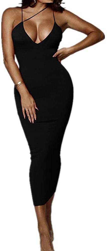 Women's Sexy Neon Asymmetrical Spaghetti Strap Dress Deep V-Neck Sleeveless Bodycon Midi Club Dress