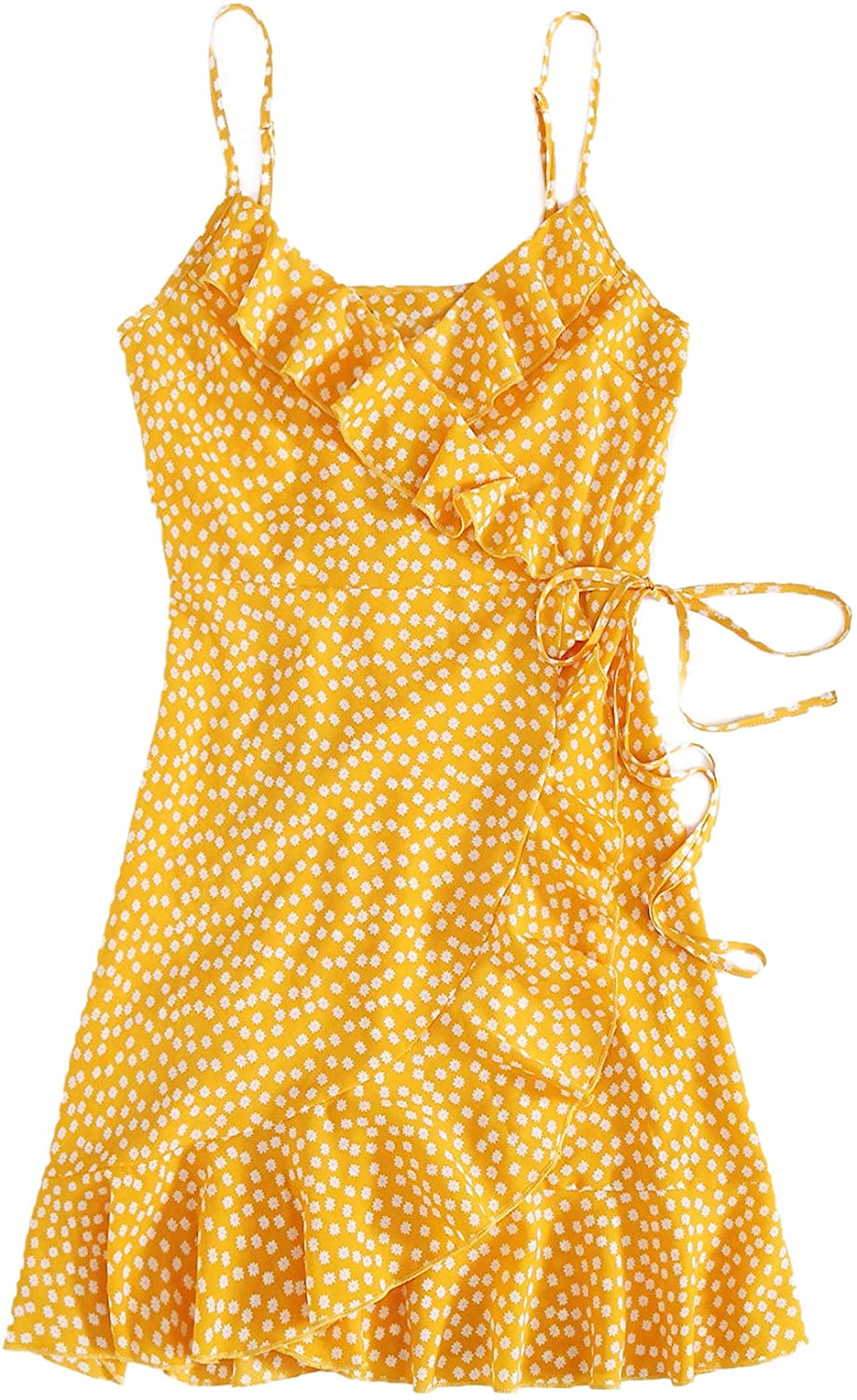 Women's Boho Floral Sundress Spaghetti Strap V Neck Ruffle Tie Knot Wrap Cami Dress