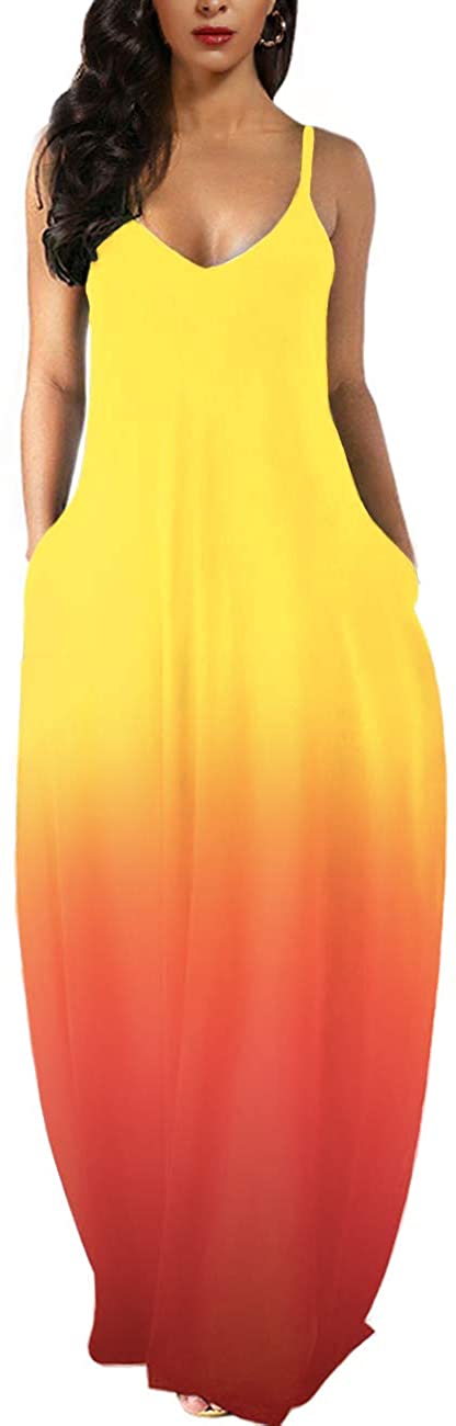 Womens Casual Sleeveless Plus Size Loose Plain Long Maxi Dress with Pockets