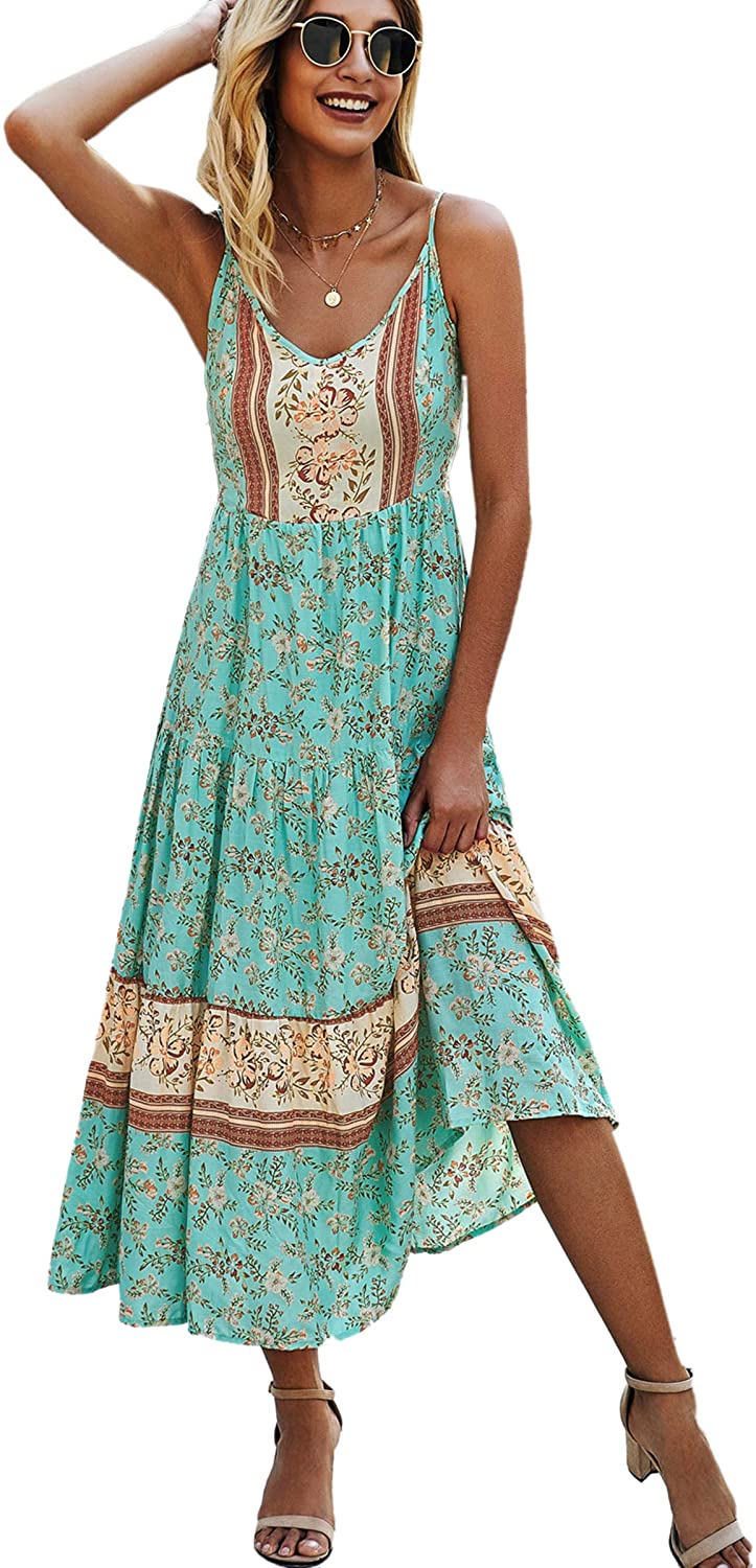 Women's Dresses Floral Adjustable Spaghetti Strap V Neck Boho Long Maxi Dress Summer Beach Flowy Ethnic Sundress