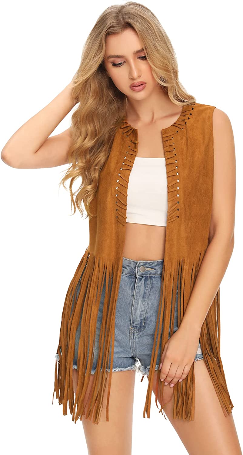 Verdusa Women's Fringe Faux Suede Vest 70s Hippie Sleeveless Tassel Cardigan Jacket