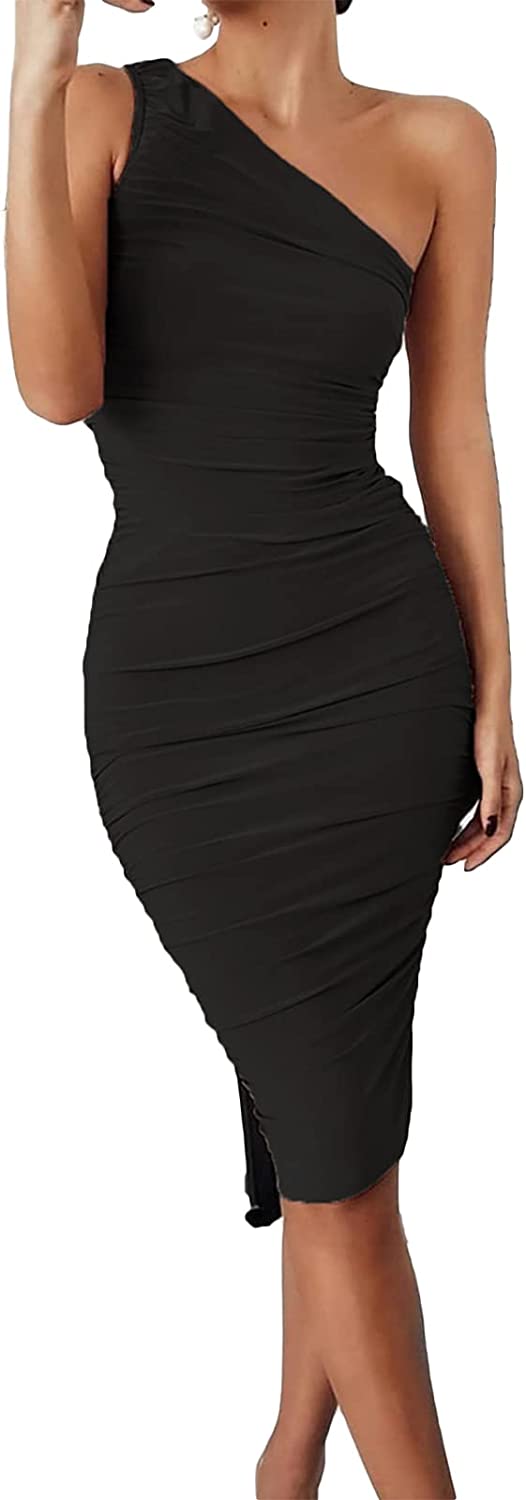 Women’s Ruched One Shoulder Bodycon Midi Dress Sexy Sleeveless Cocktail Party Pencil Dresses