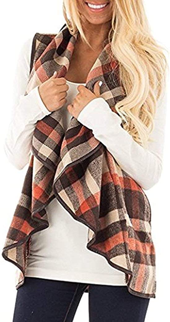 Unidear Womens Casual Lapel Open Front Plaid Vest Cardigan Coat with Pockets