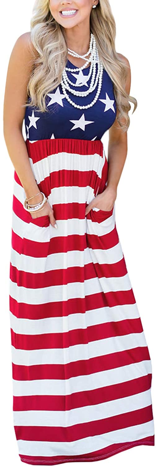 Women's 4th of July American Flag Sleeveless Tank Maxi Dress with Pockets