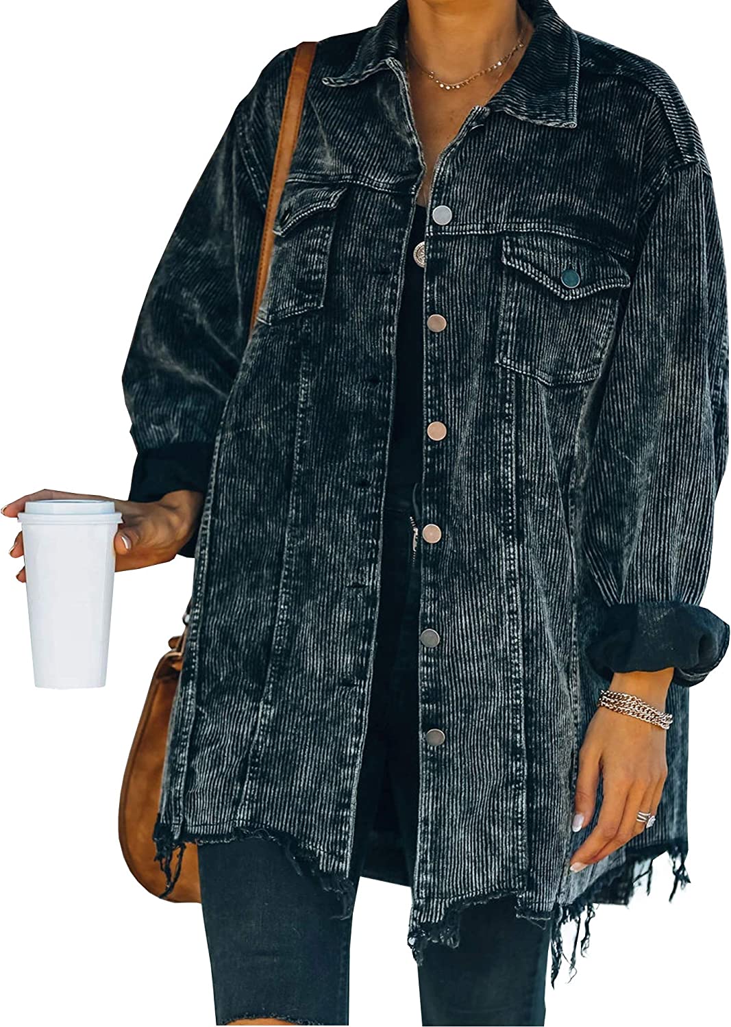 Hixiaohe Women's Casual Oversized Button Down Corduroy Shirt Jacket Coat Washed Retro Shacket