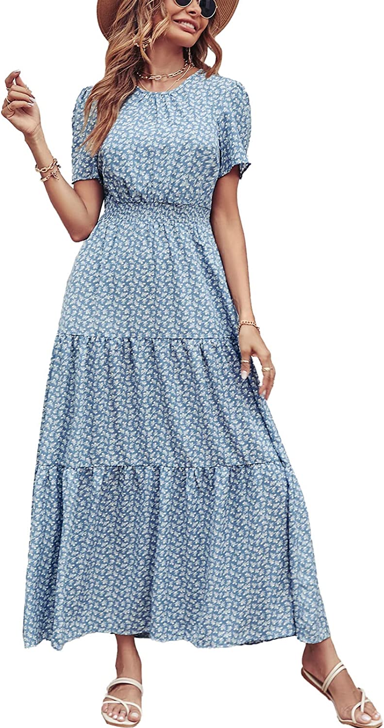 Women's Summer Casual Short Flutter Sleeve Round Neck Smocked Waist Tiered Boho Floral Flowy Maxi Dress