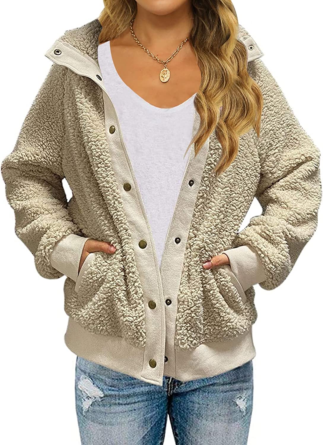 MEROKEETY Womens Winter Long Sleeve Button Sherpa Jacket Coat Pockets Warm Fleece